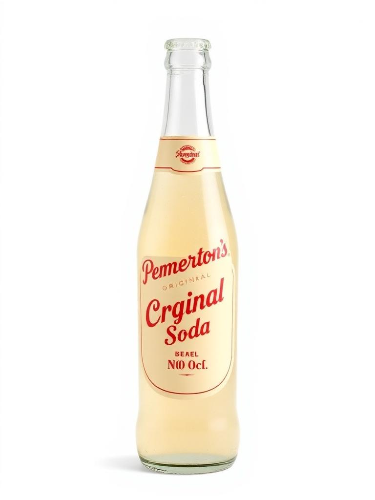 Glass bottle of Pemberton's Original Cream Soda with a cream label and red script lettering