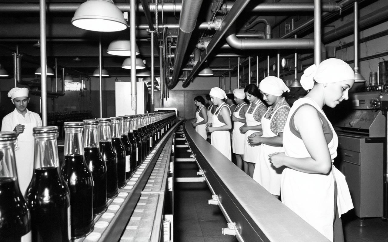 Black and white photograph of workers on the Pemberton's bottling line in the 1960s