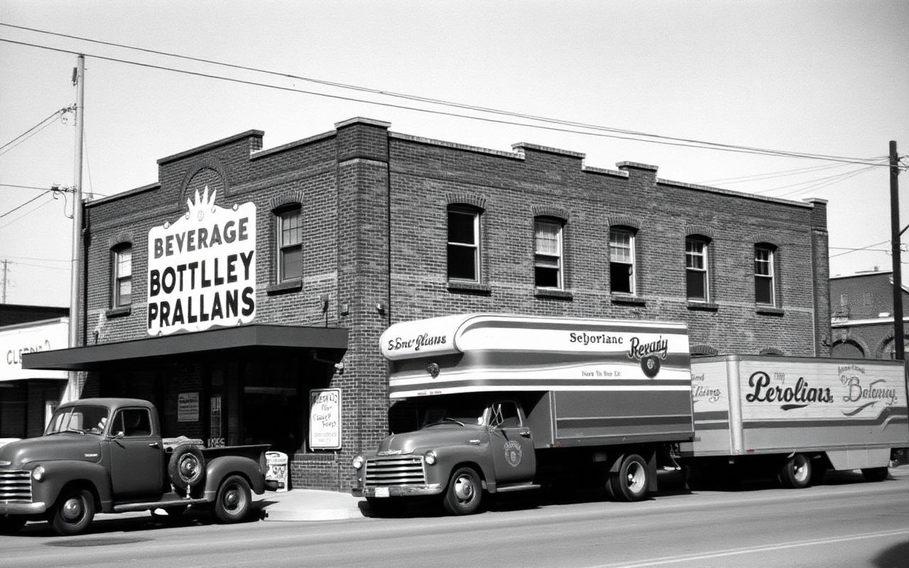Black and white photograph of the original Pemberton bottling plant on Industrial Parkway in Akron, circa 1955