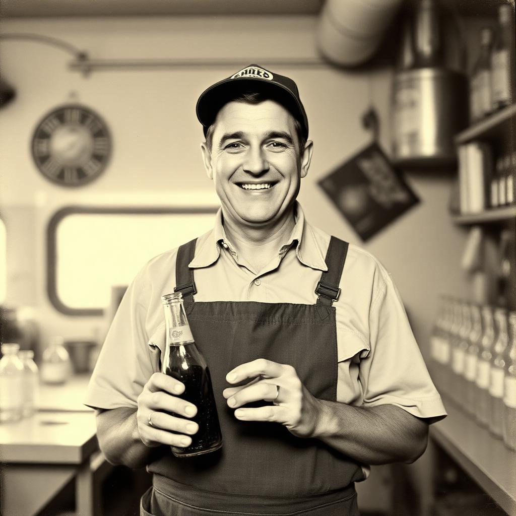Black-and-white portrait of Harold Pemberton, founder, in the original bottling garage circa 1949